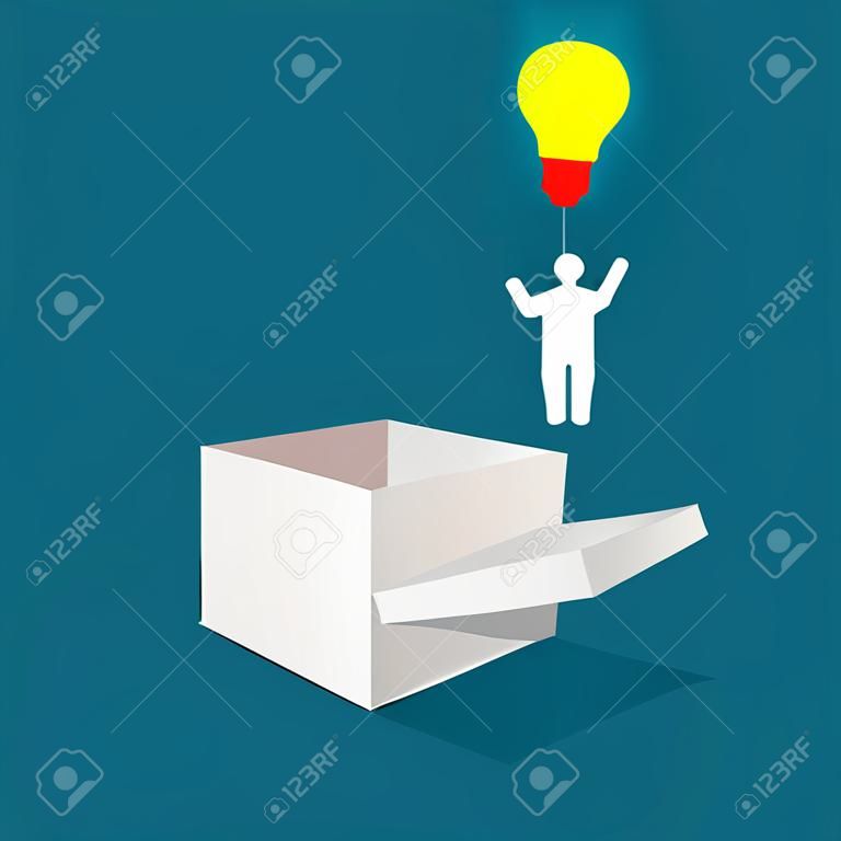 Think outside the box. Businessmen fly with light bulbs. Unique creative idea. business concept