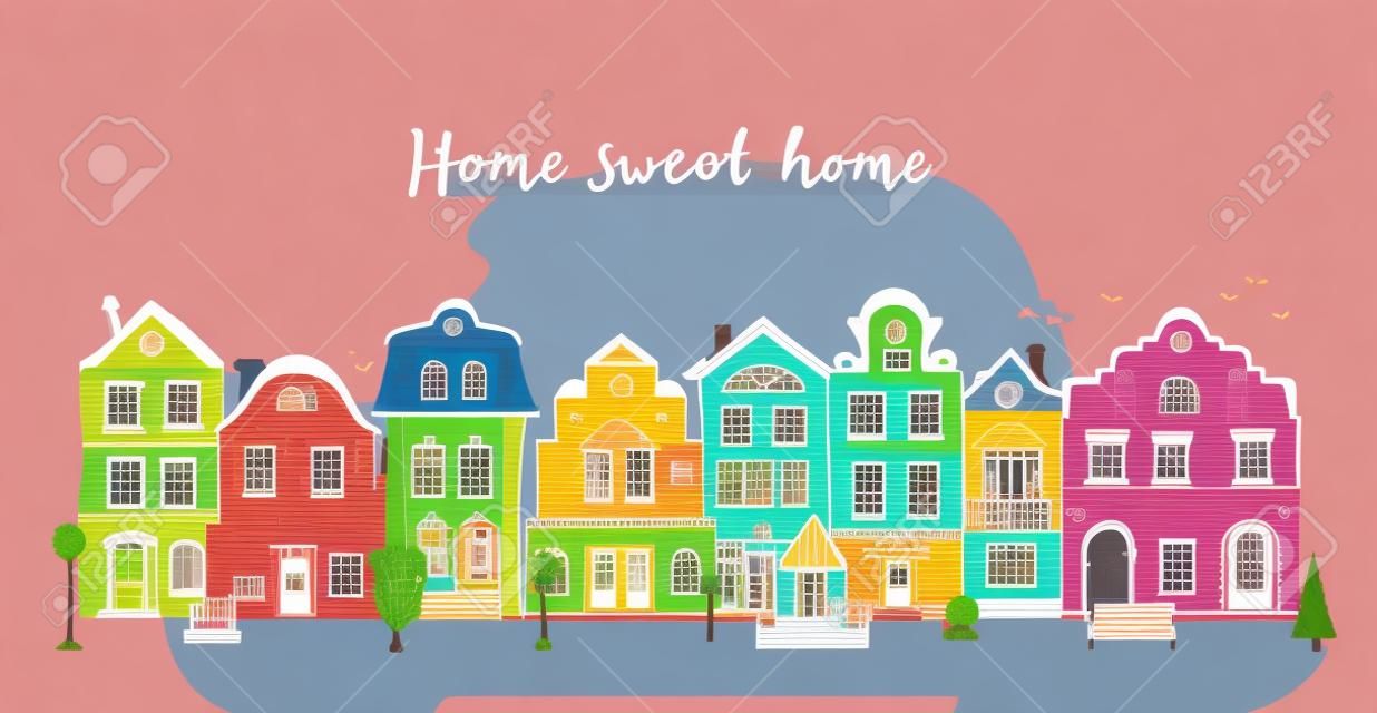 Fila de casas de pueblo pequeño garabato multicolor con inscripción Hogar dulce hogar. Vector