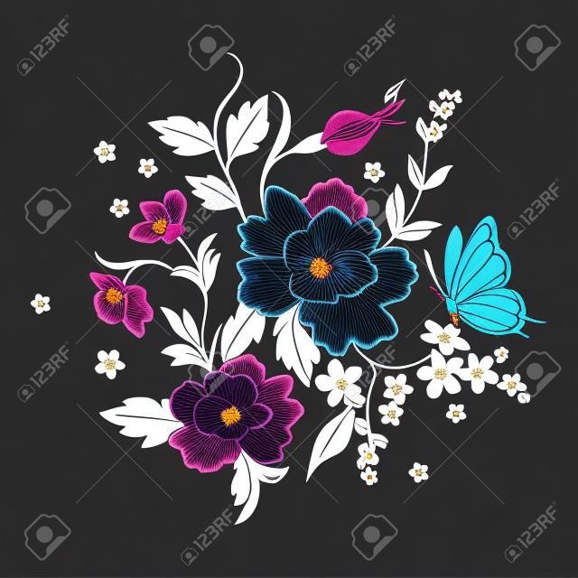 Embroidery brigth trend floral pattern with butterfly. Vector traditional folk roses and forget me not flowers bouquet on black background for clothing design.