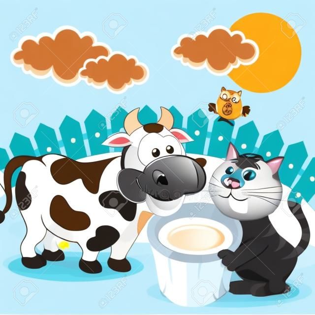 Katze, Kuh und Milch - Vektor-Illustration