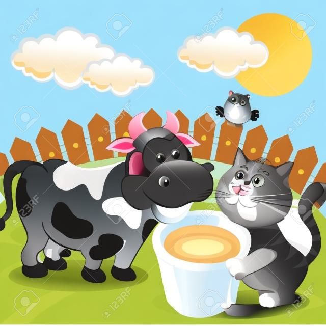 cat, cow and milk - vector illustration