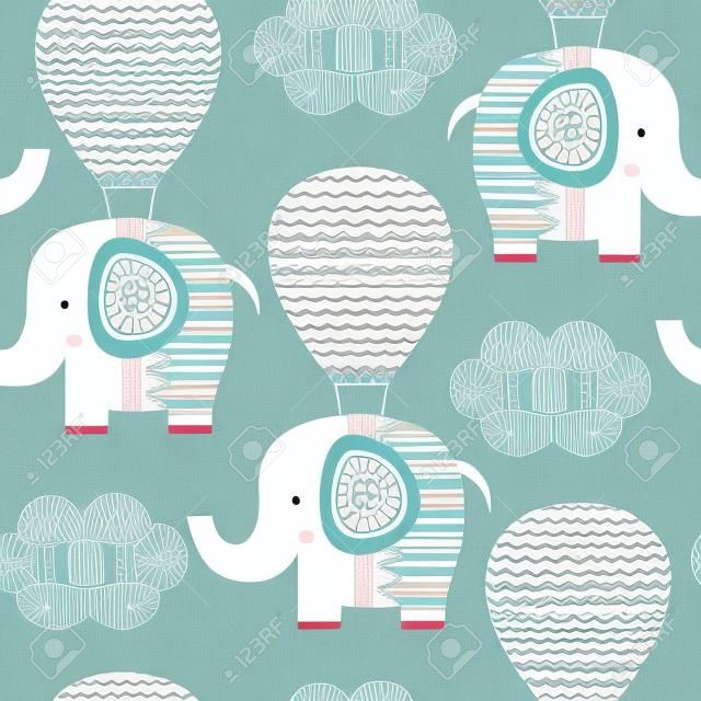Pattern with elephant on air balloon - illustration, eps