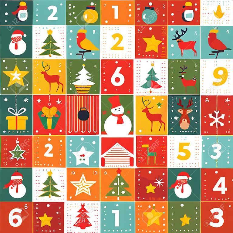 calendário de advento com decorações de Natal e personagens de Natal - ilustração vetorial, eps
