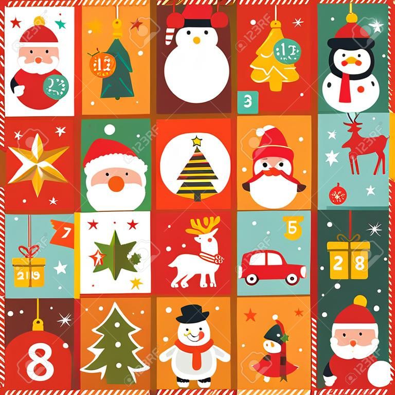 kalendarz adwentowy z dekoracjami świątecznymi i postaciami świątecznymi - ilustracja wektorowa, eps