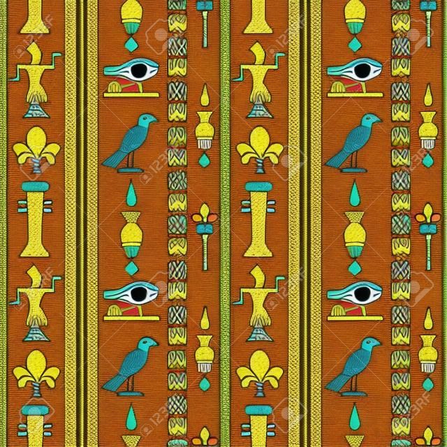 Egyptisch naadloos patroon met Eye of Horus, Farao, bloemen, vogel. Egypte hiërogliefen. Tribale kunst herhalen achtergrond textuur.