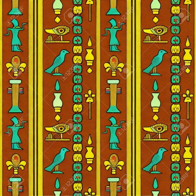 Egyptisch naadloos patroon met Eye of Horus, Farao, bloemen, vogel. Egypte hiërogliefen. Tribale kunst herhalen achtergrond textuur.