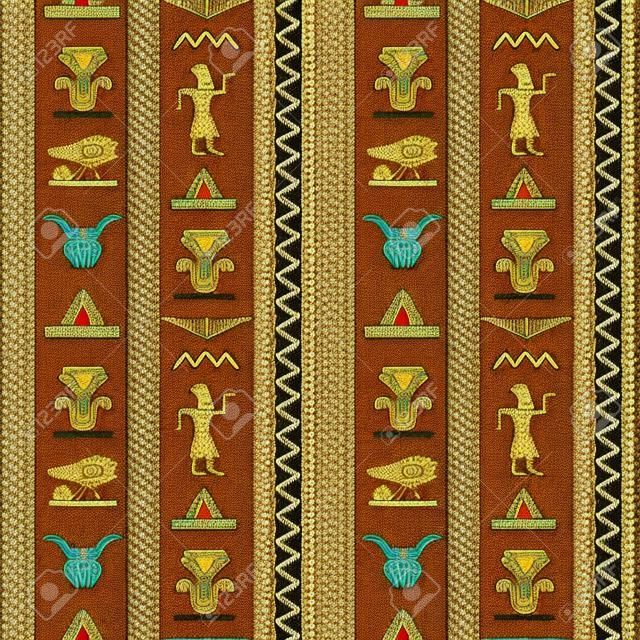 Padrão egípcio sem emenda com olho de Horus, Faraó, flores, pirâmide, asas. Hieróglifos do Egito. Textura de fundo de repetição de arte tribal. Design de pano. Papel de parede