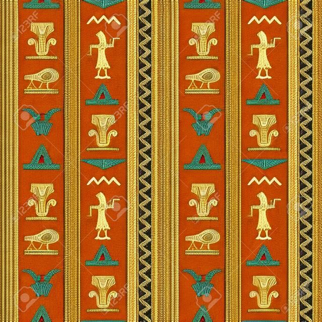 Egyptian seamless pattern with Eye of Horus, Pharaoh, flowers, pyramid, wings. Egypt hieroglyphs. Tribal art repeating background texture. Cloth design. Wallpaper