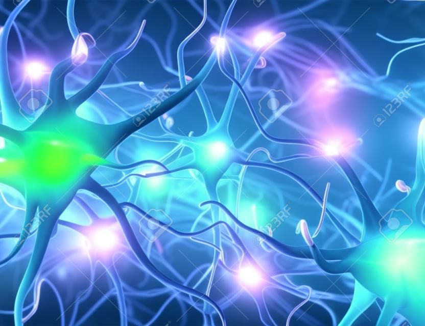 Rede neural. Conexões cerebrais de neurônios. Ilustração 3d.