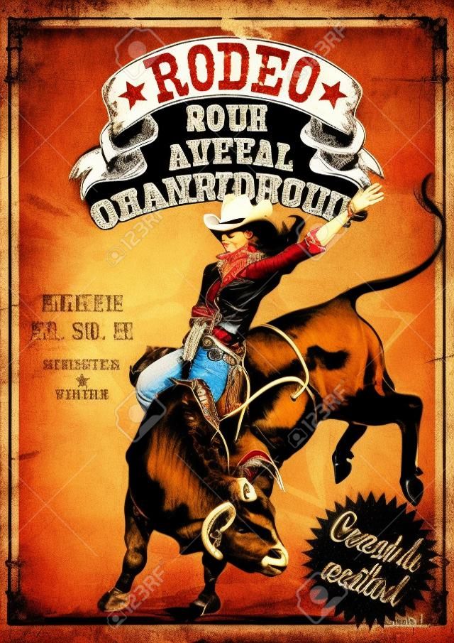 Rodeo Cowgirl Reiten ein Stier, Retro-Stil Poster. Beispieltext und Grunge-Effekt sind abnehmbar