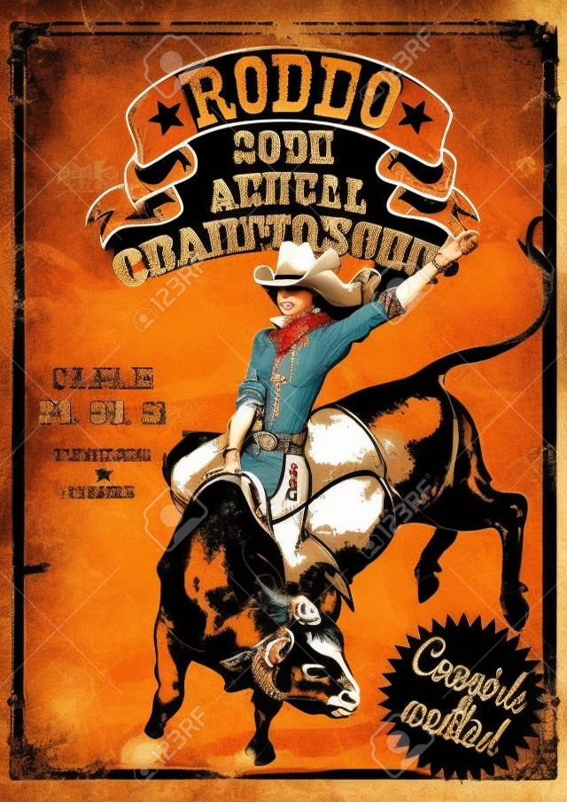 Rodeo Cowgirl riding a bull, Retro style Poster. Sample text and grunge effect are removable