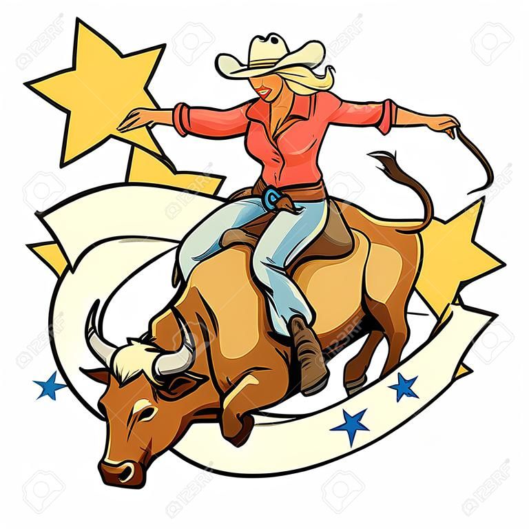 Rodeo Cowgirl chevauchant un taureau, la conception de l'espace pour le texte, isolé
