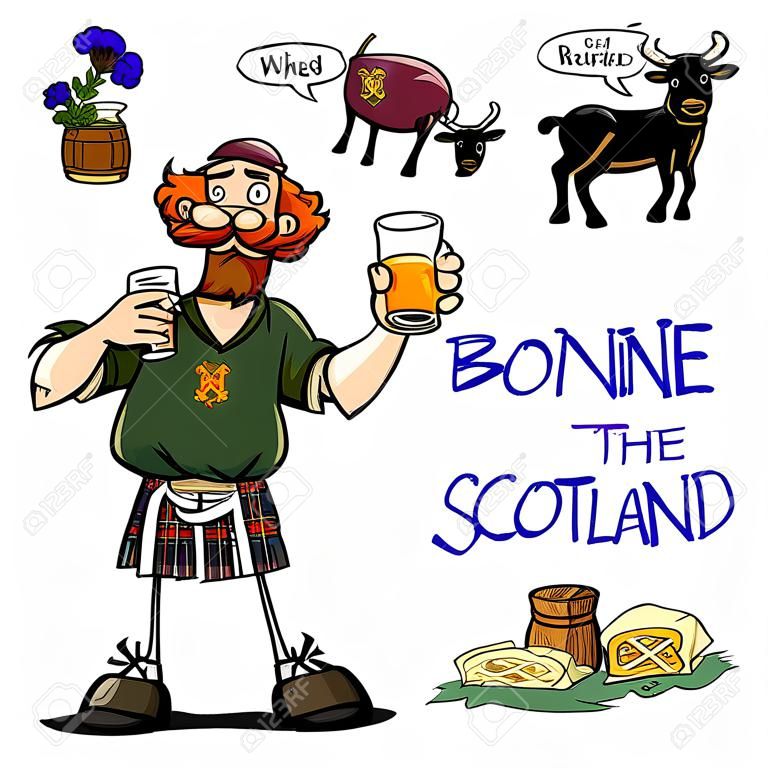 Coleção de desenhos animados de Bonnie Scotland, engraçado homem escocês com uísque