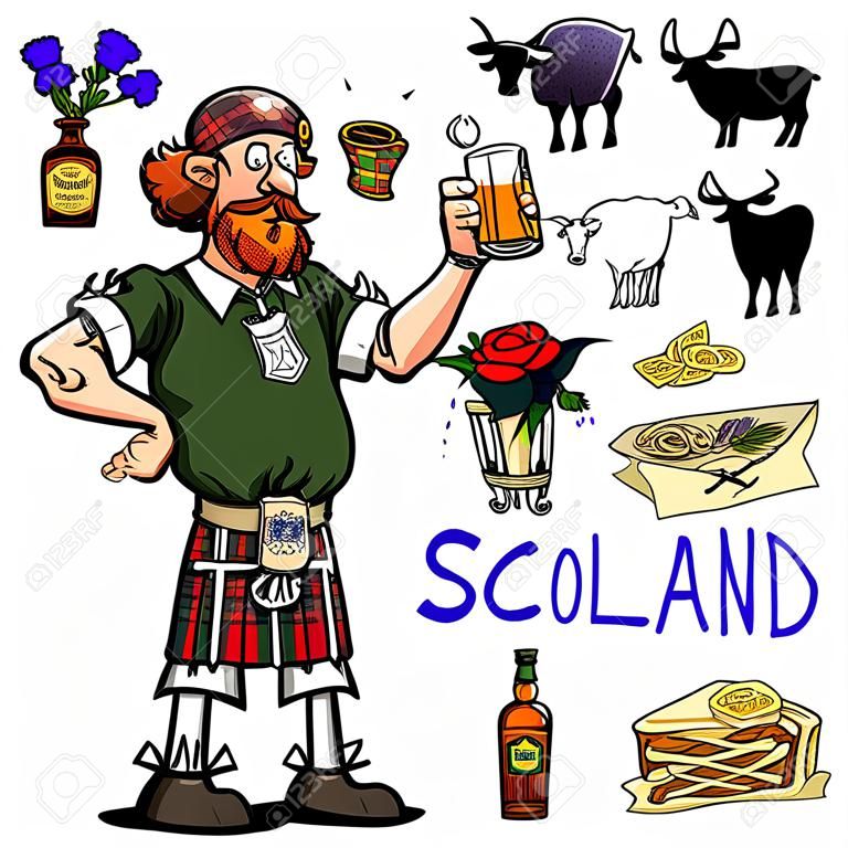 Bonnie Scotland cartoon collection, funny Scottish man with whiskey