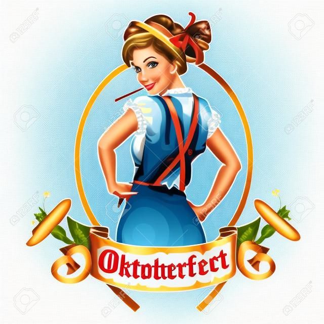 Pretty Bavarian girl, Oktoberfest label with ribbon banner and space for text, isolated