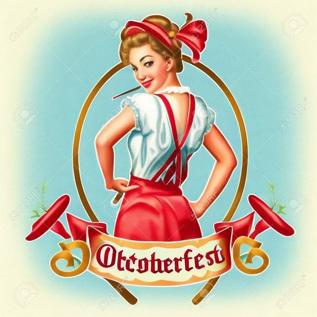 Pretty Bavarian girl, Oktoberfest label with ribbon banner and space for text, isolated
