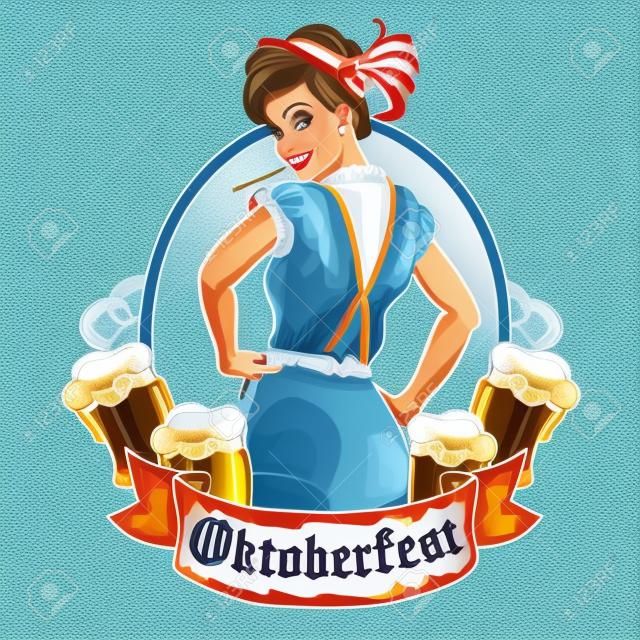 Bella ragazza bavarese con la birra in giro, etichetta Oktoberfest con nastro banner e lo spazio per il testo, isolato