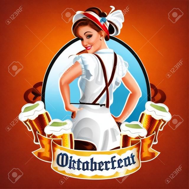 Bella ragazza bavarese con la birra in giro, etichetta Oktoberfest con nastro banner e lo spazio per il testo, isolato