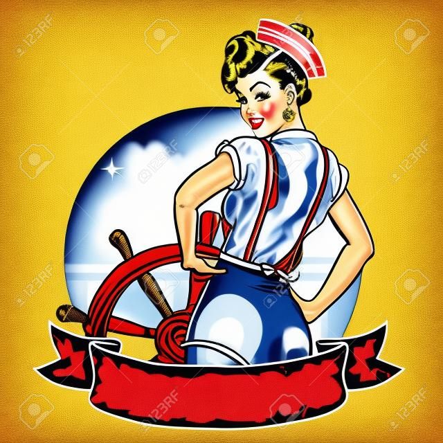 Pin Up Sailor Girl - Label with ribbon banner and space for text