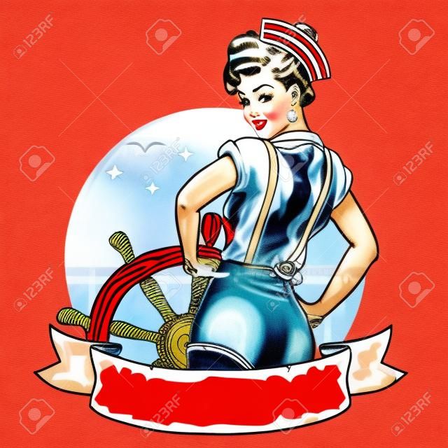 Pin Up Sailor Girl - Label with ribbon banner and space for text