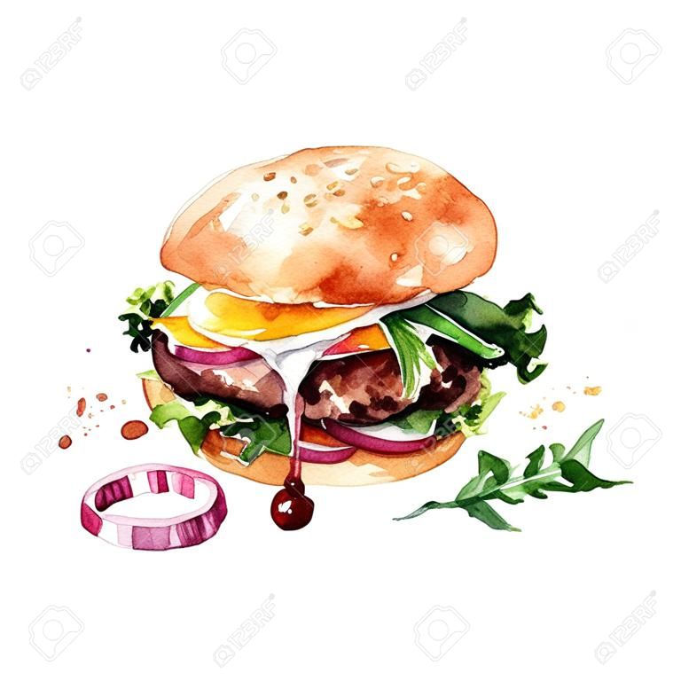 Традиционный гамбургер. Иллюстрация акварель.