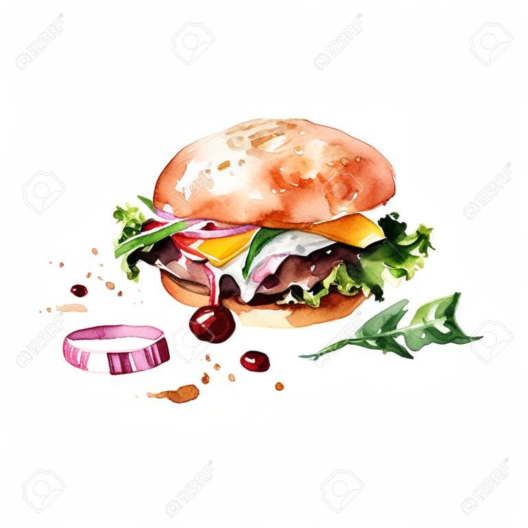Традиционный гамбургер. Иллюстрация акварель.