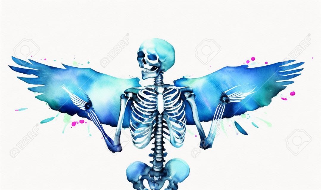 인간의 해골은 날개로 장식되어 있습니다. 수채화 그림.