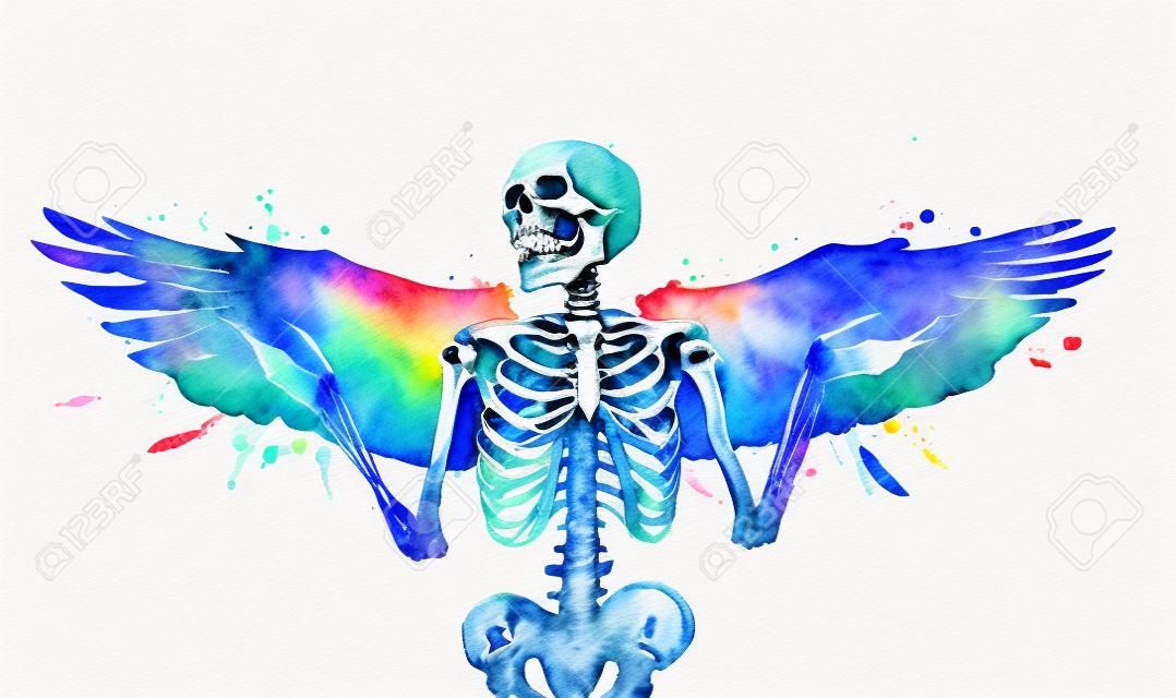 인간의 해골은 날개로 장식되어 있습니다. 수채화 그림.