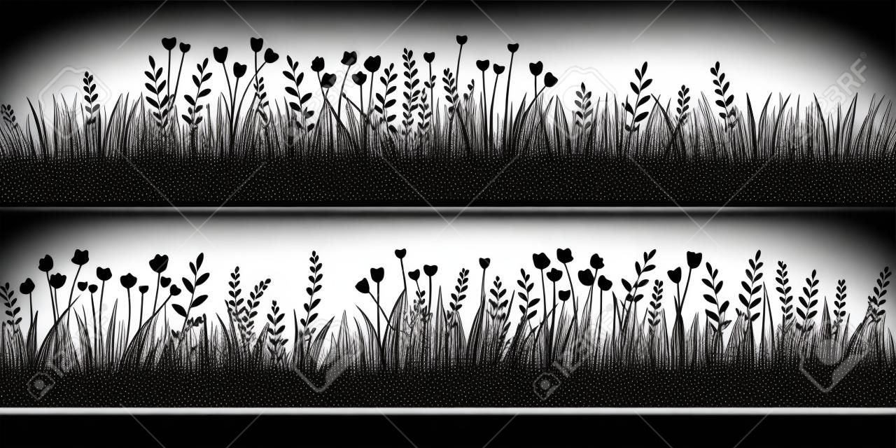 Spring black grass silhouette seamless background. Vector brush for eco, nature design