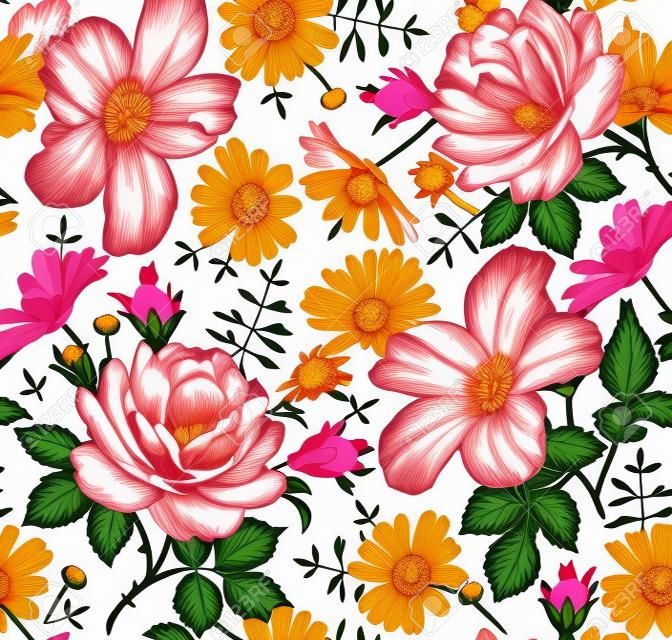 Patrón sin fisuras. Hermosas flores aisladas realistas en flor rosa. Tapiz de fondo vintage Manzanilla Rosa hibisco malva flores silvestres. Fondo de pantalla. Dibujo grabado Vector ilustración victoriana