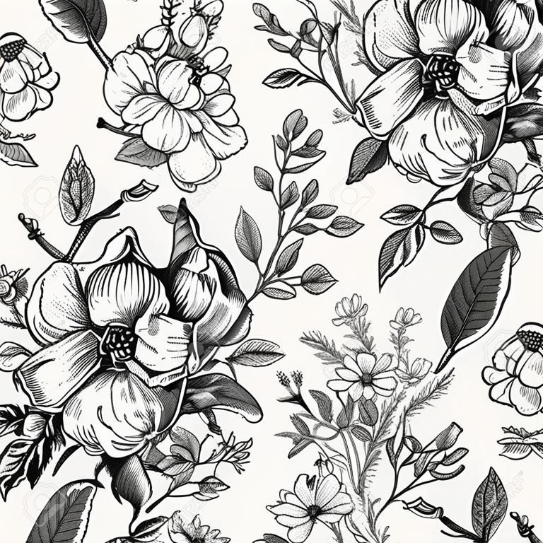 Seamless pattern. Realistic blooming isolated flowers Vintage fabric background. Rosehip dogrose brier chamomile croton wildflowers. Wallpaper baroque. Drawing engraving. Vector victorian Illustration