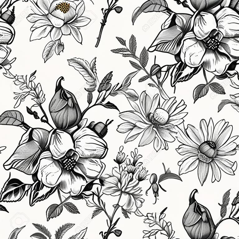 Seamless pattern. Realistic blooming isolated flowers Vintage fabric background. Rosehip dogrose brier chamomile croton wildflowers. Wallpaper baroque. Drawing engraving. Vector victorian Illustration