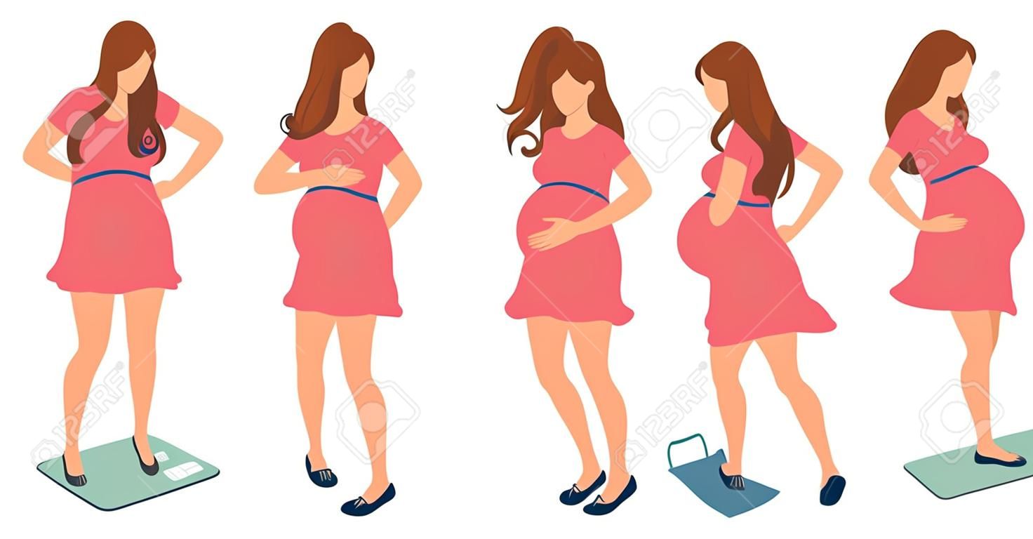 Young pregnant woman in different difficult situations. Set of expectant mother in uncomfortable position. Flat vector illustration isolated on white.

