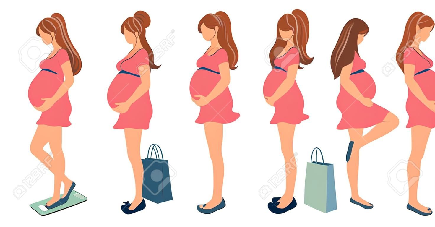 Young pregnant woman in different difficult situations. Set of expectant mother in uncomfortable position. Flat vector illustration isolated on white.

