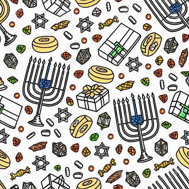Fiesta judía de Hanukkah de patrones sin fisuras. Conjunto de símbolos tradicionales de Janucá aislados en blanco: dreidels, dulces, rosquillas, velas de menorá, luces brillantes de la estrella David. Plantilla de vector de Doodle.