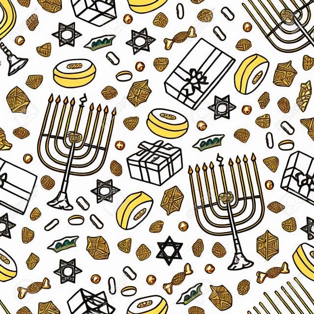 Feriado judaico padrão sem emenda de Hanukah. Conjunto de símbolos tradicionais de Chanukah isolados no branco - dreidels, doces, donuts, velas de menorá, luzes brilhantes de David estrela. Modelo de vetor de Doodle.
