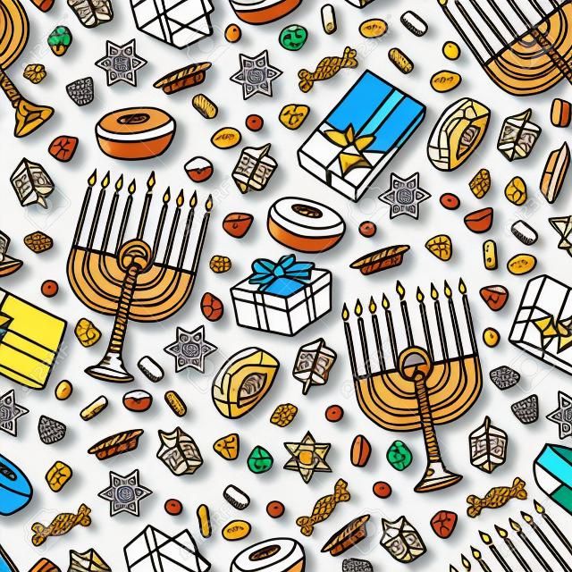 Jewish holiday Hanukkah seamless pattern. Set of traditional Chanukah symbols isolated on white - dreidels, sweets, donuts, menorah candles, star David glowing lights. Doodle Vector template.