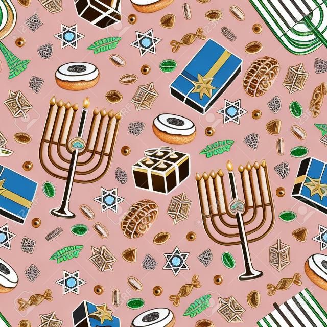 Feriado judaico padrão sem emenda de Hanukah. Conjunto de símbolos tradicionais de Chanukah isolados no branco - dreidels, doces, donuts, velas de menorá, luzes brilhantes de David estrela. Modelo de vetor de Doodle.