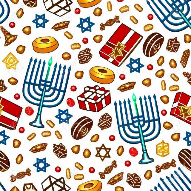 Jewish holiday Hanukkah seamless pattern. Set of traditional Chanukah symbols isolated on white - dreidels, sweets, donuts, menorah candles, star David glowing lights. Doodle Vector template.