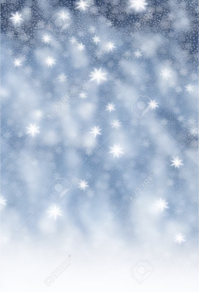 抽象的なシルバー クリスマス背景白い光。雪の落下でお祭りの背景。ポスター、バナー、広告、カードまたは招待状。