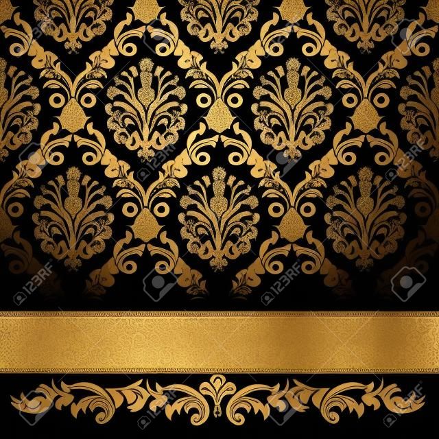 Ornate charcoal damask Background with golden Ribbon.