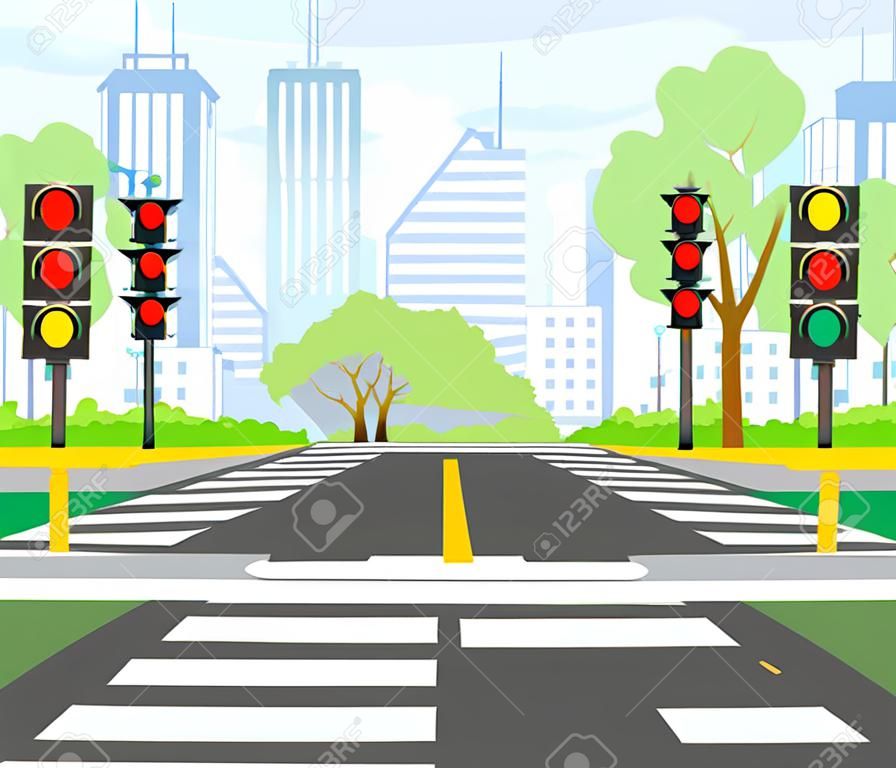 Vector illustratie van straten kruising in moderne stad, stad kruispunt met verkeerslichten, markeringen, bomen en trottoir voor voetgangers. Prachtig stadsgezicht op de achtergrond.
