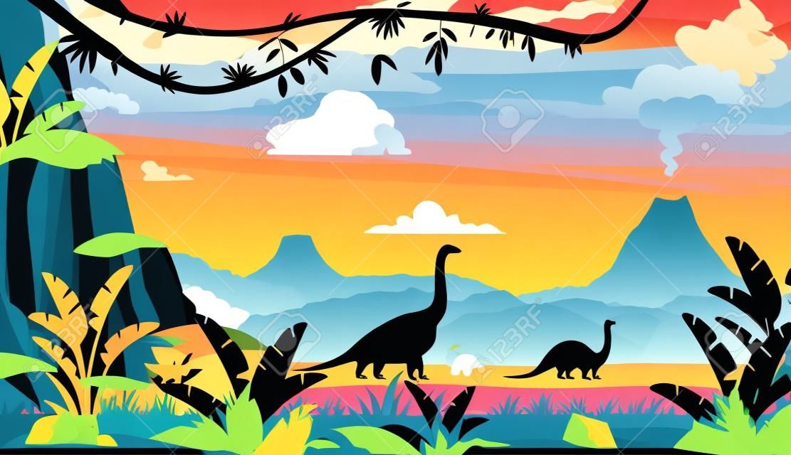 Vector illustratie van silhouet van dinosaurussen op de Jurassische periode landschap met bergen, vulkaan en tropische planten in platte cartoon stijl.