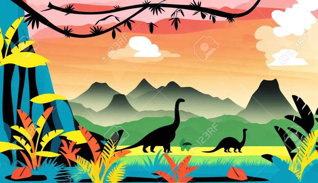 Vector illustration of silhouette of dinosaurs on the Jurassic period landscape with mountains, volcano and tropical plants in flat cartoon style.