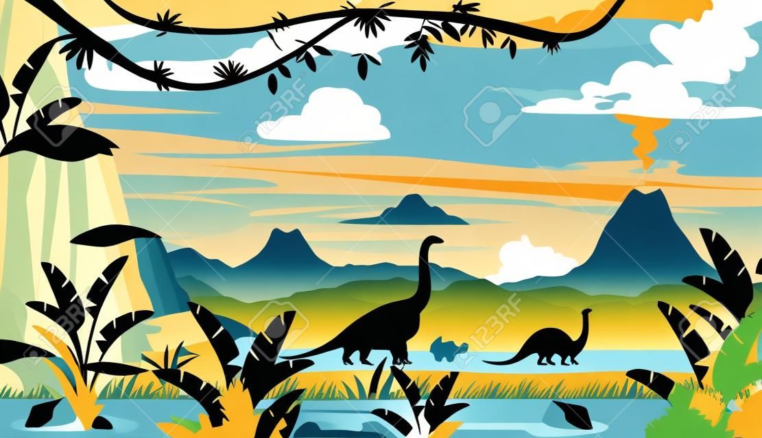 Illustration vectorielle de la silhouette des dinosaures sur le paysage de la période jurassique avec des montagnes, des volcans et des plantes tropicales en style cartoon plat.
