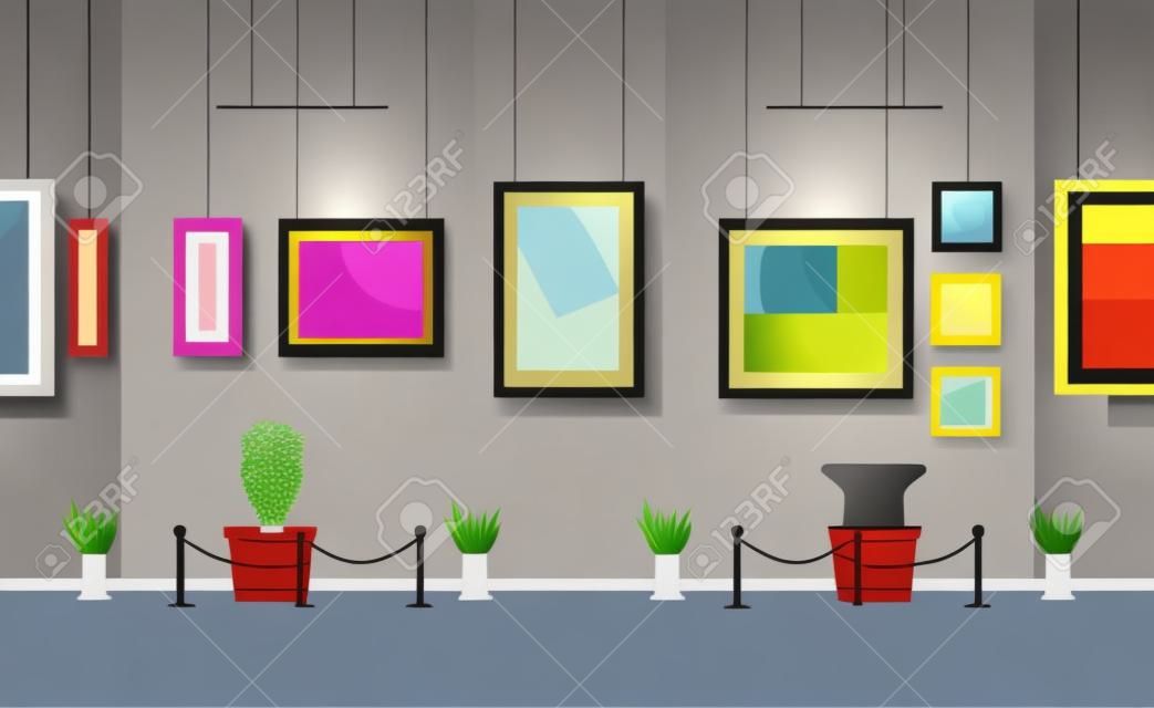 Vector illustratie van museum of kunstgalerij tentoonstelling interieur in cartoon platte stijl. Abstract kunst kleurrijke schilderijen op muren en sculpturen in hal. Kunstconcept.