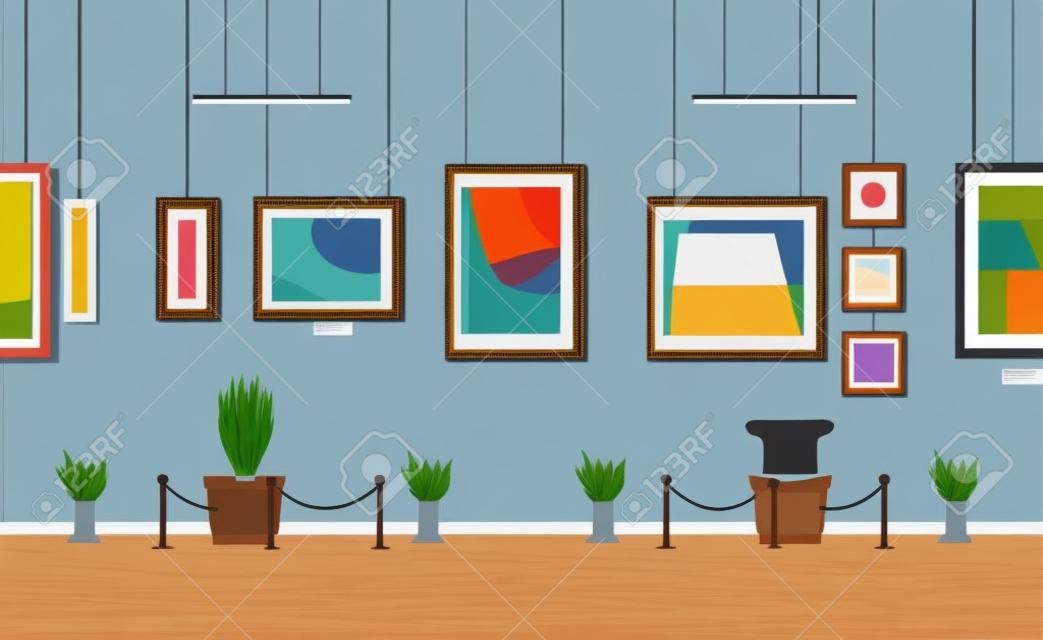 Vector illustration of museum or art gallery exhibition interior in cartoon flat style. Abstract art colorful paintings on walls and sculptures in hall. Art concept.