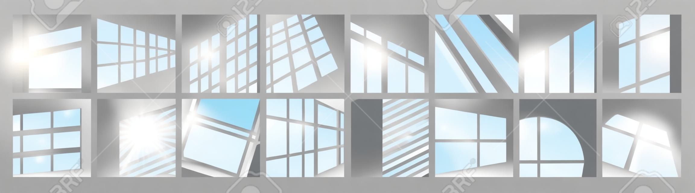 Ilustracja wektorowa światła okna zestaw odbicie światła słonecznego ram okiennych o kwadratowym okrągłym kształcie lub w perspektywie dnia efekt nakładki oświetleniowej na suficie ściany pokoju lub podłodze makieta tła projektu