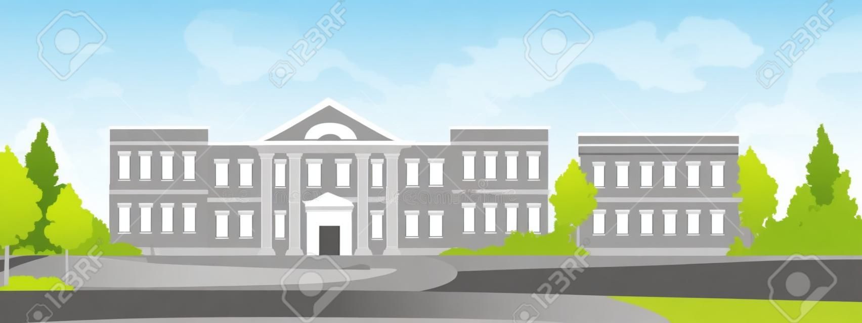 University campus city building vector illustration. Cartoon urban cityscape with college campus facade or academy for students, entrance to library, high school or university architecture background