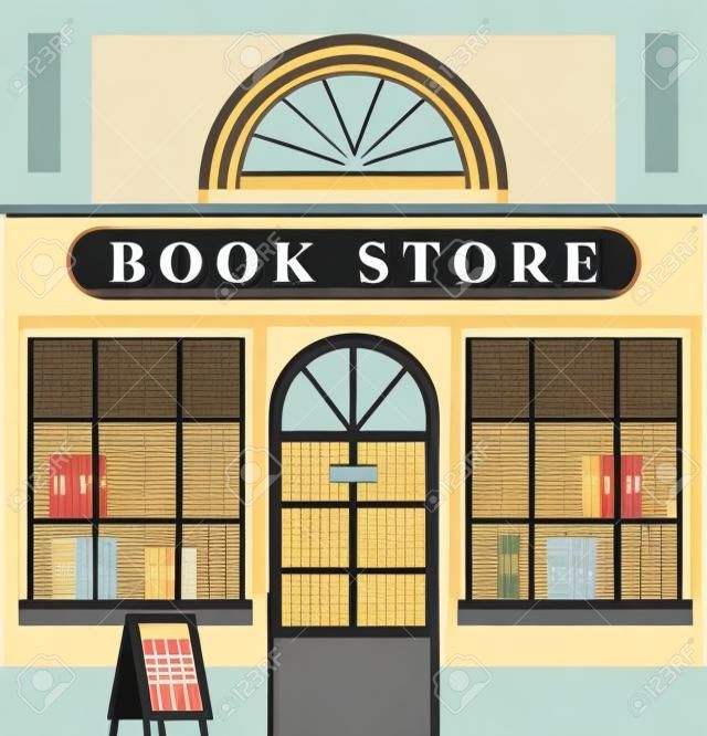 Bâtiment de la ville illustration vectorielle de façade de magasin de livres vintage. Extérieur de maison de dessin animé avec librairie d'entrée, vue de face et enseigne de fond de librairie.